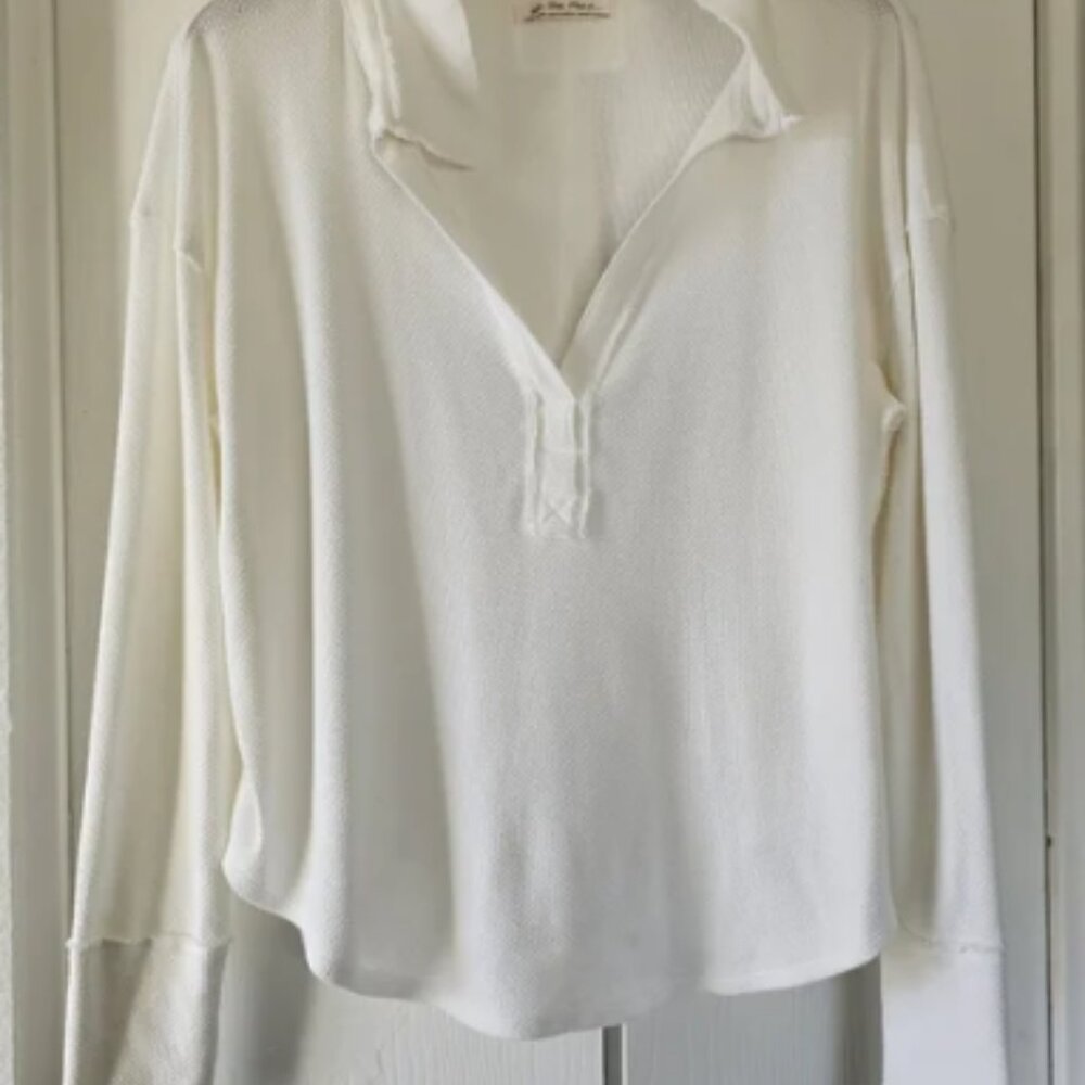 WE THE FREE Collar V Neck Long Sleeve Oversized Cotton Polo Ecru SzXL NWOT